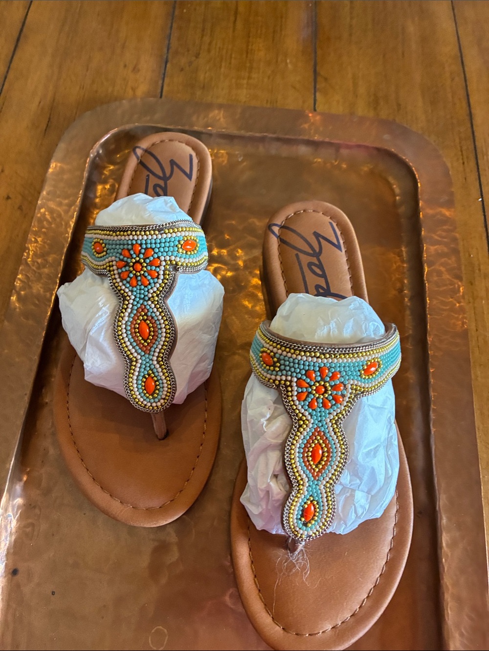 Zodiac Beaded Thong Sandals in Turquoise, Orange & Brown
